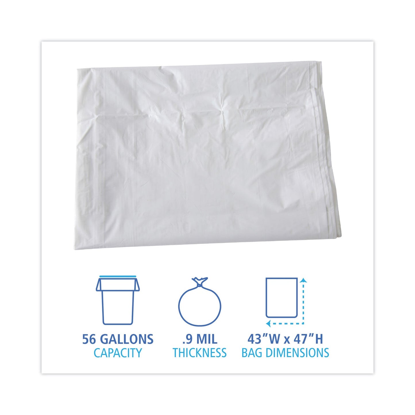 Boardwalk Linear Low Density Industrial Can Liners, 56 gal, 0.9 mil, 43 x 47, White, 100/Carton