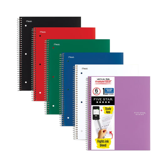 Five Star Wirebound Notebook, 1 Subject, Medium/College Rule, Randomly Assorted Covers, 11 x 8.5, 100 Sheets, 6/Pack