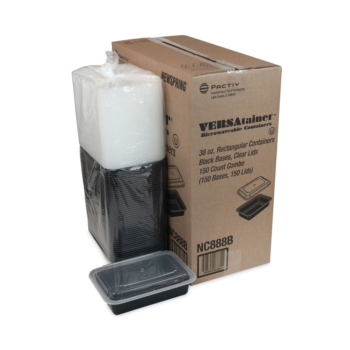 Pactiv Evergreen Newspring VERSAtainer Microwavable Containers, 38 oz, 6 x 8.5 x 2, Black/Clear, Plastic, 150/Carton