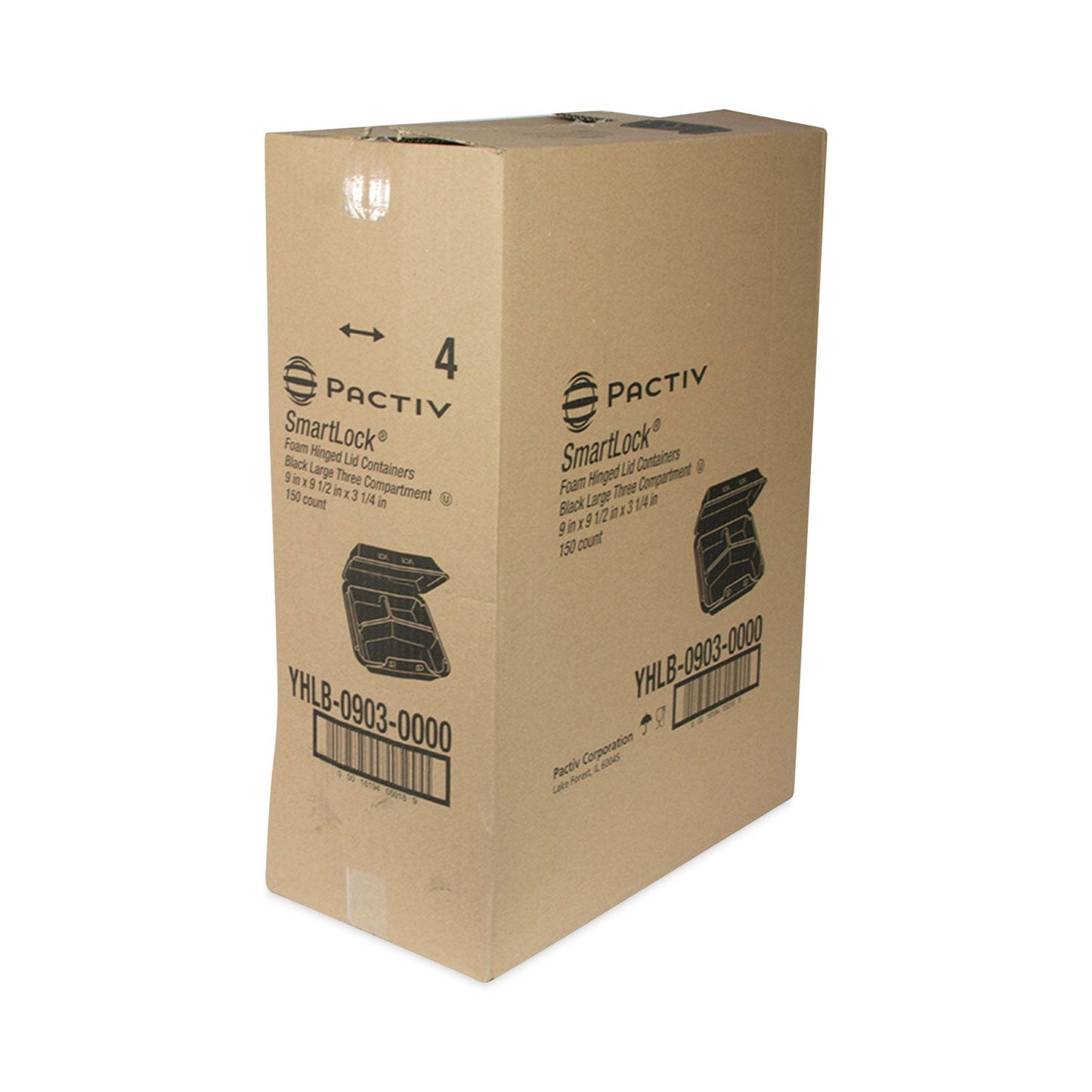 Pactiv Evergreen SmartLock Foam Hinged Lid Container, Large, 3-Compartment, 9 x 9.5 x 3.25, Black, 150/Carton