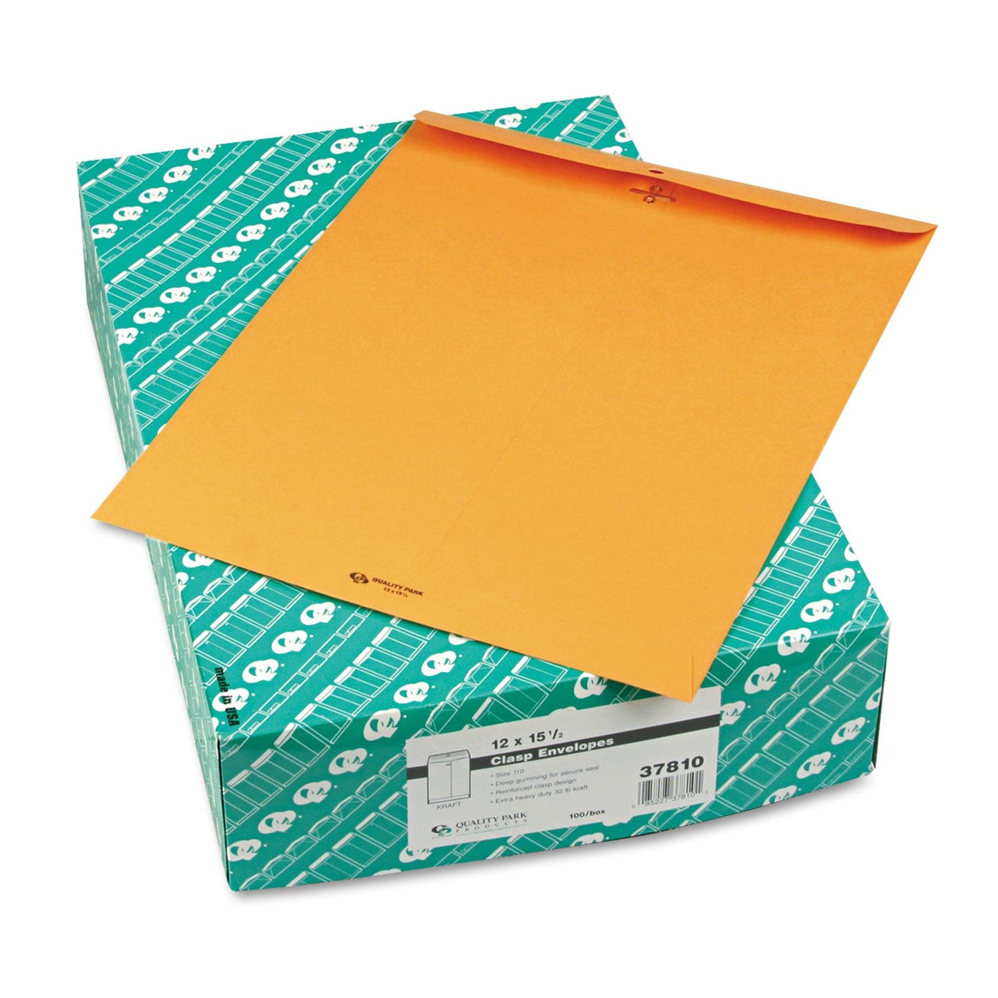 Quality Park Clasp Envelope, 32 lb Bond Weight Kraft, #15 1/2, Square Flap, Clasp/Gummed Closure, 12 x 15.5, Brown Kraft, 100/Box