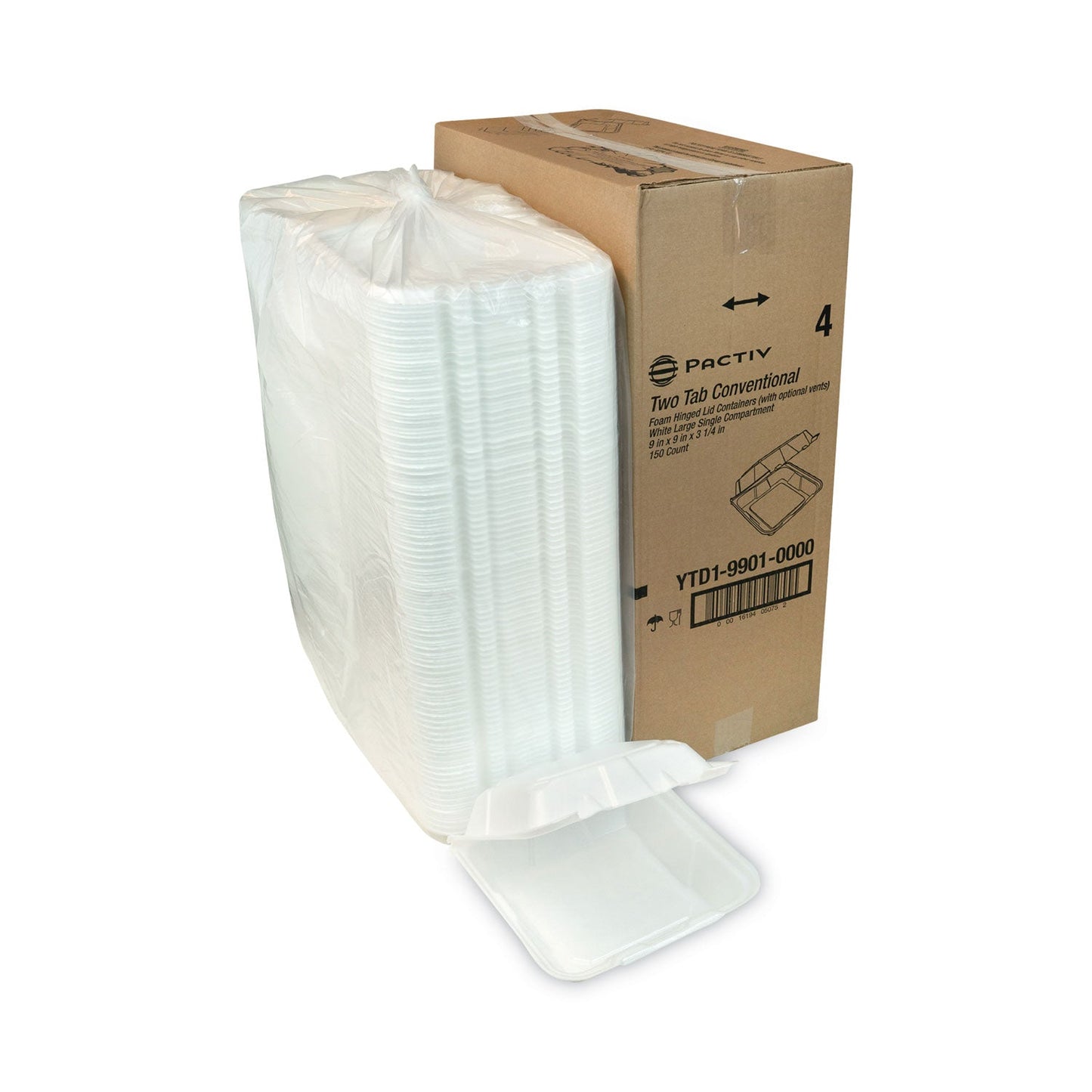 Pactiv Evergreen Vented Foam Hinged Lid Container, Dual Tab Lock, 9.13 x 9 x 3.25, White, 150/Carton