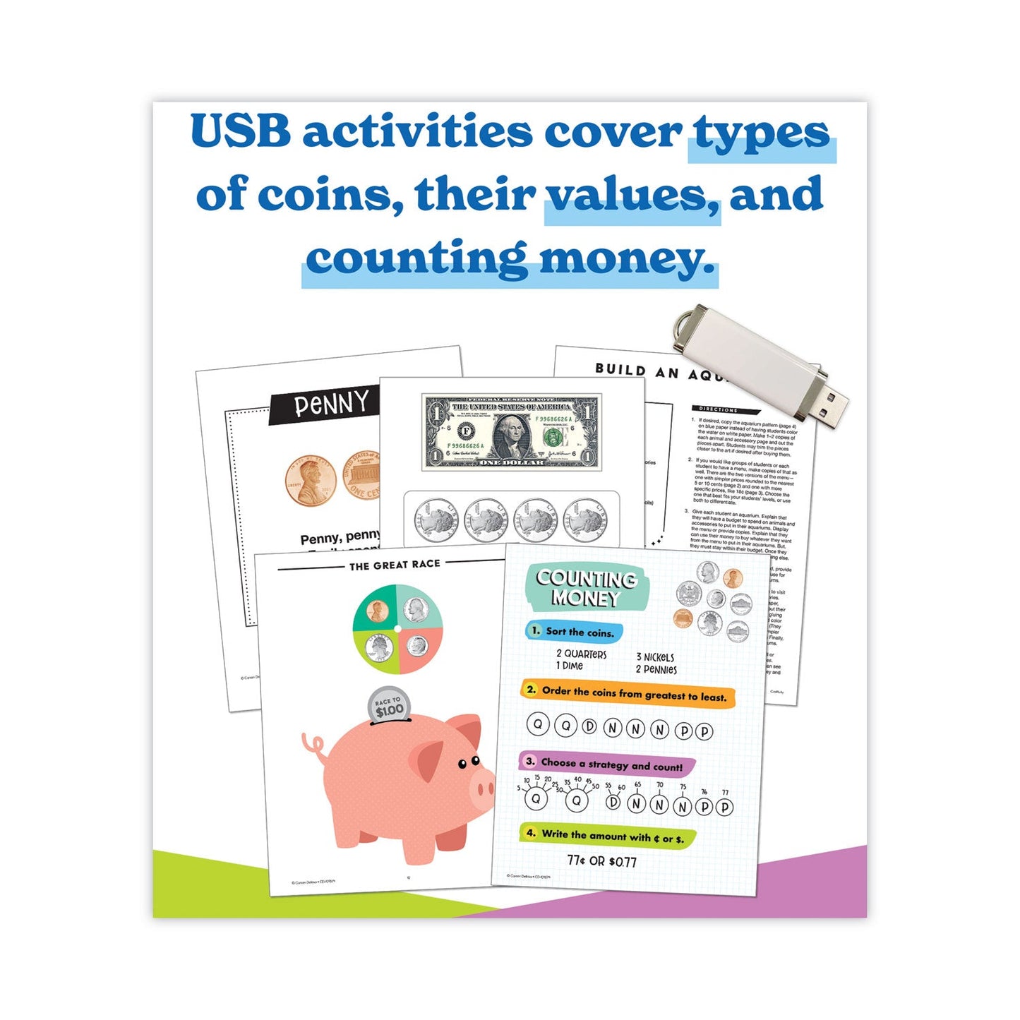 Carson-Dellosa Education In a Flash USB, US Money, Ages 6-8, 229 Pages