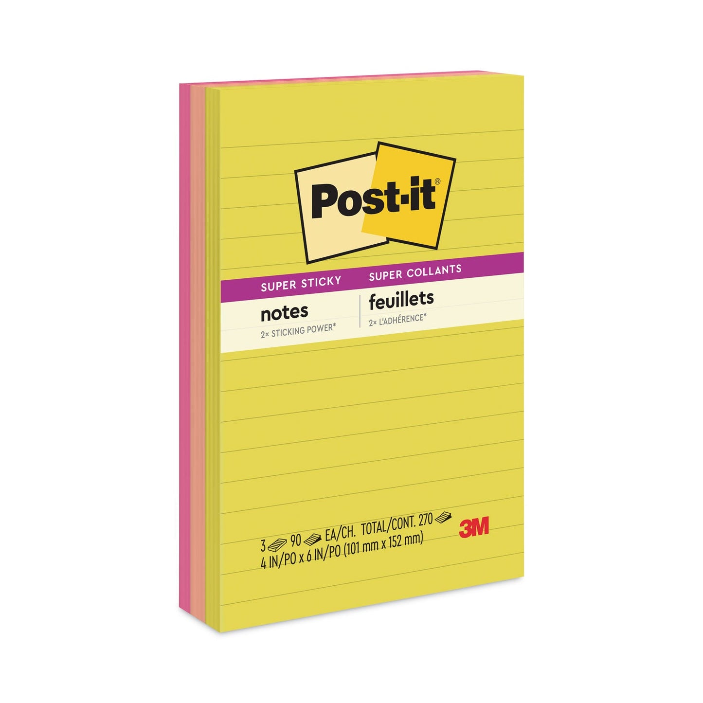 Post-it Note Pads in Summer Joy Collection Colors, 4" x 6", Note Ruled, Summer Joy Collection Colors, 90 Sheets/Pad, 3 Pads/Pack