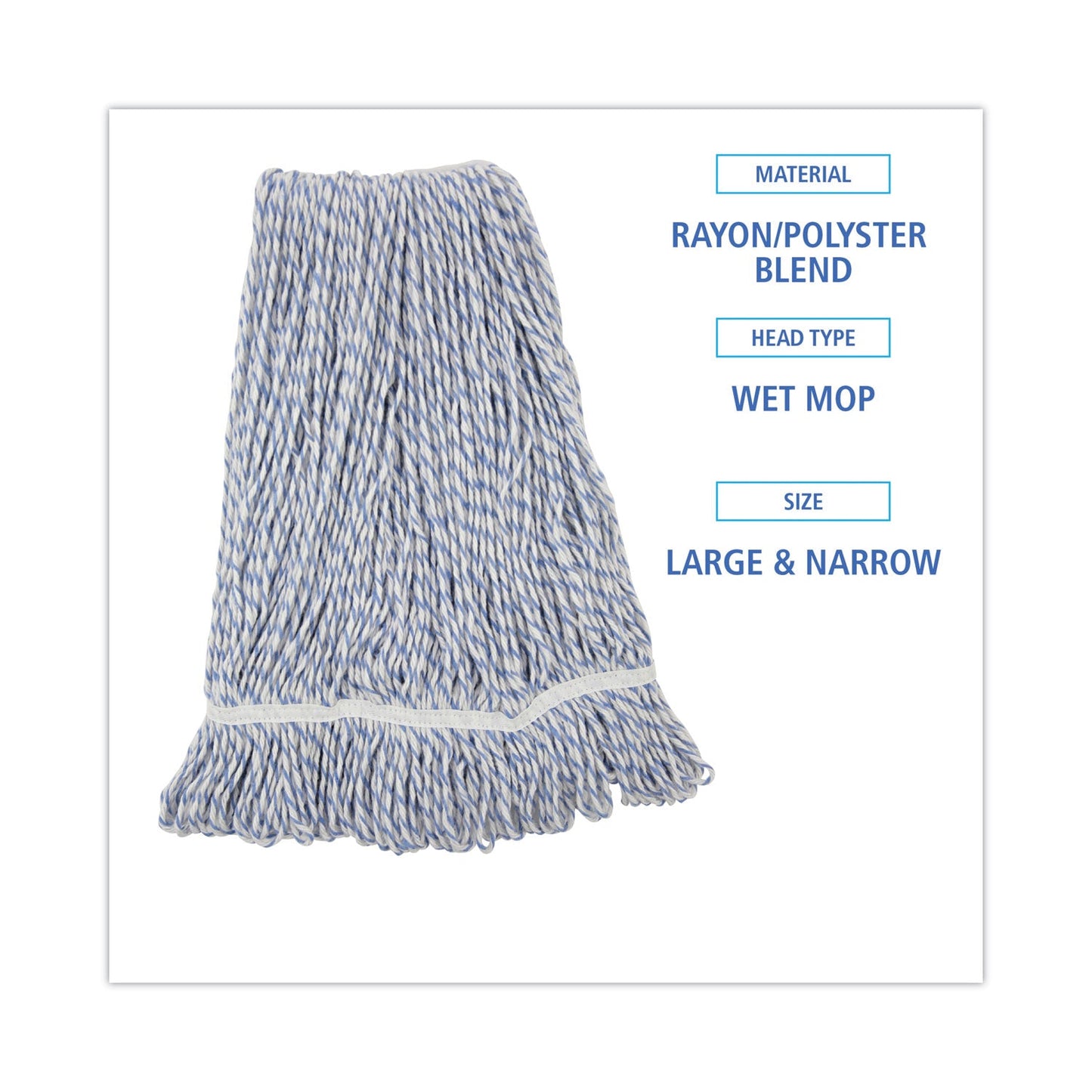 Boardwalk Mop Head, Floor Finish, Narrow, Rayon/Polyester, Large, White/Blue, 12/Carton