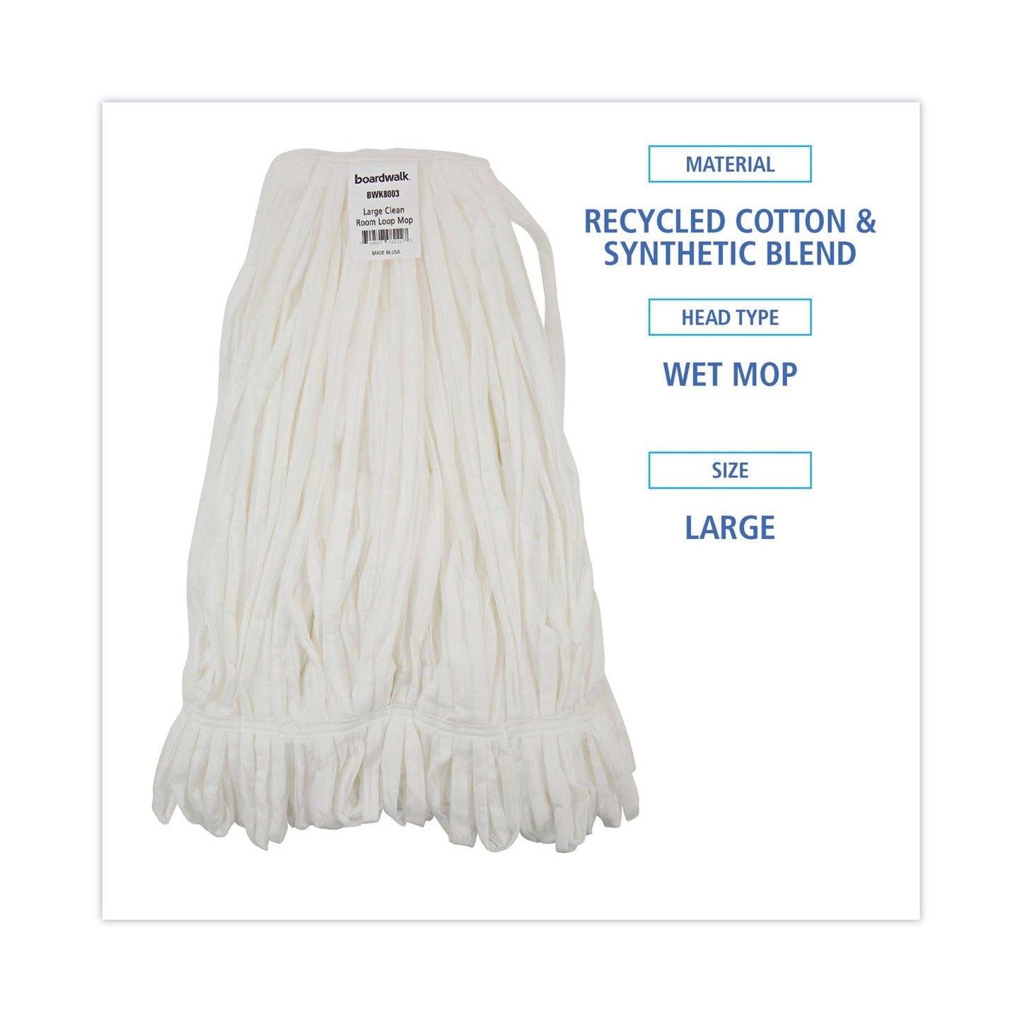 Boardwalk Mop Head, Looped, Enviro Clean With Tailband, Large, White, 12/Carton