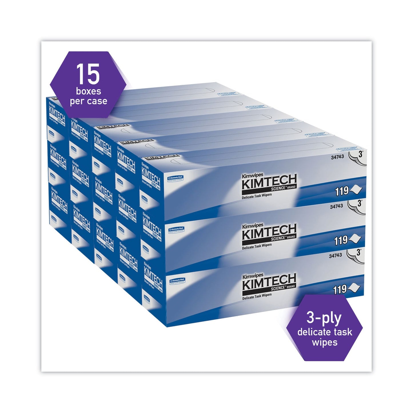 Kimtech Kimwipes Delicate Task Wipers, 3-Ply, 11.8 x 11.8, 100/Box, 15 Boxes/Carton
