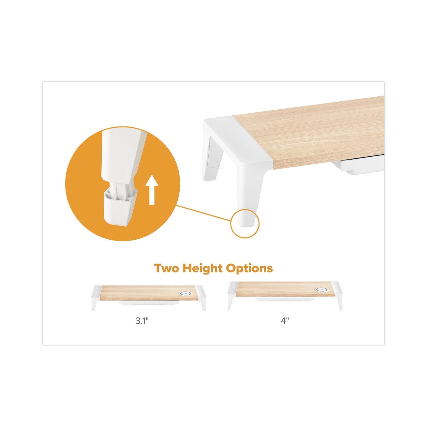 Bostitch Wooden Monitor Stand with Wireless Charging Pad, 9.8" x 26.77" x 4.13", White