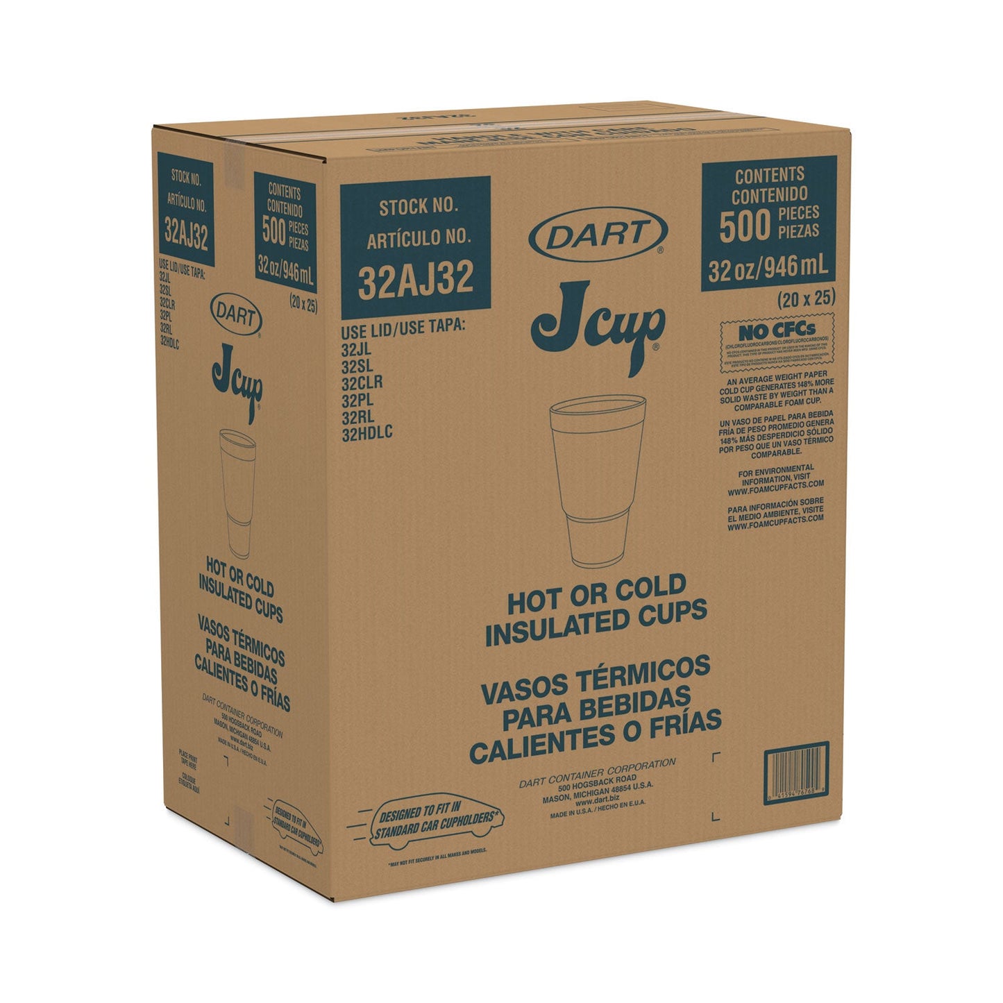 Dart Foam Drink Cups, 32 oz, Tapered Bottom, White, 25/Bag, 20 Bags/Carton