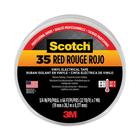 3M Scotch 35 Vinyl Electrical Color Coding Tape, 3" Core, 0.75" x 66 ft, Red