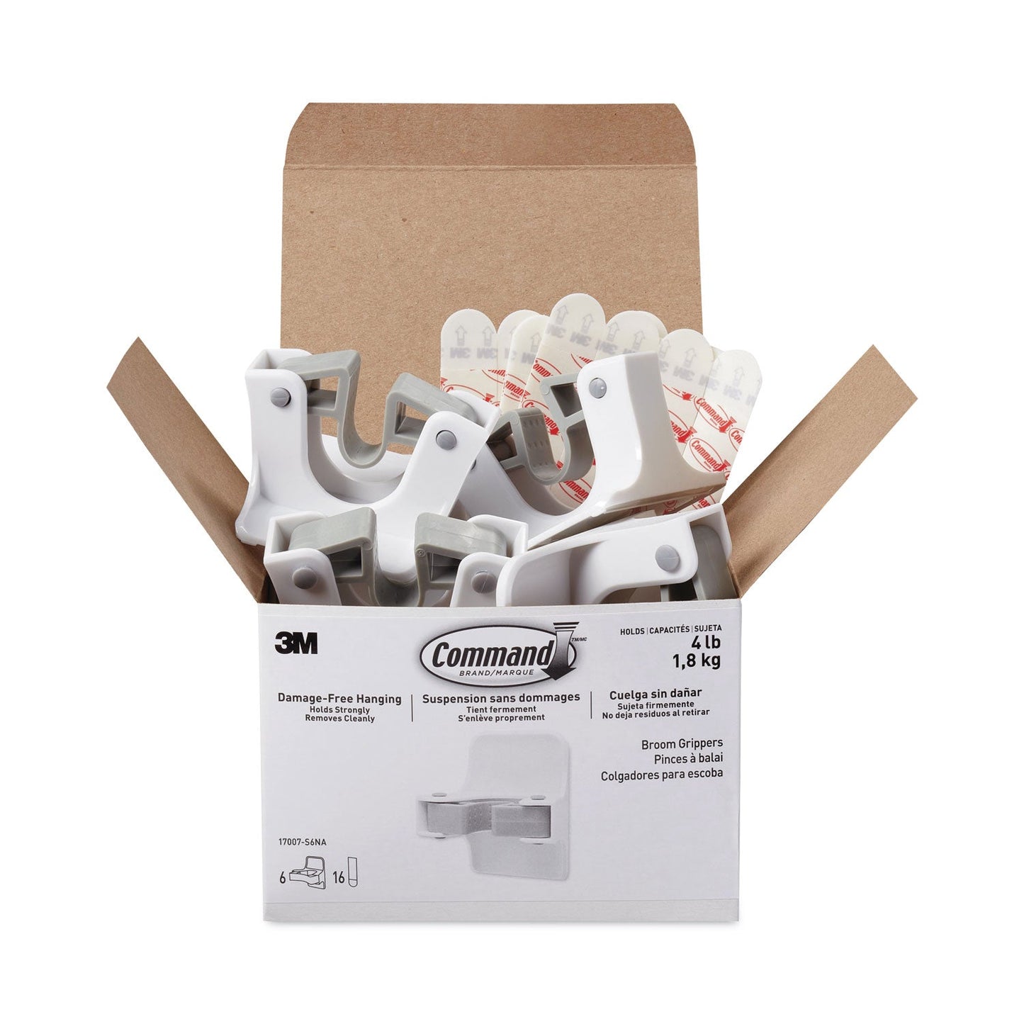 Command Broom Gripper, 3.12w x 1.85d x 3.34h, White/Gray, 6 Grippers/16 Strips/Pack