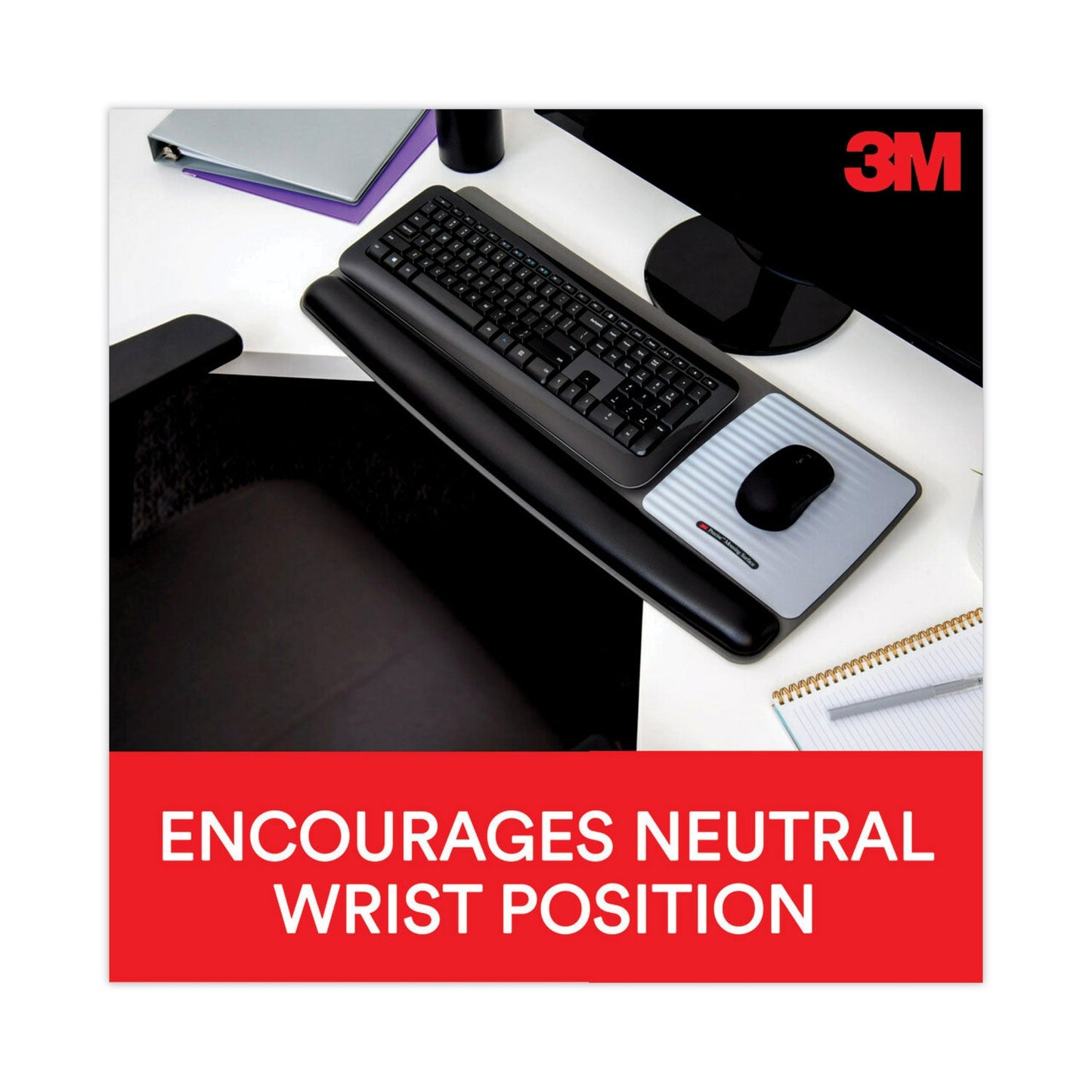 3M Antimicrobial Gel Mouse Pad/Keyboard Wrist Rest Platform, 25.5 x 10.6, Black/Silver