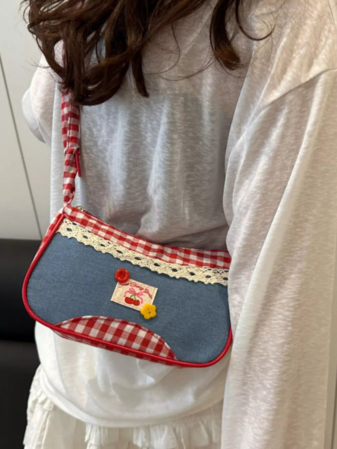 Cherry Plaid Strap Crossbody Bag