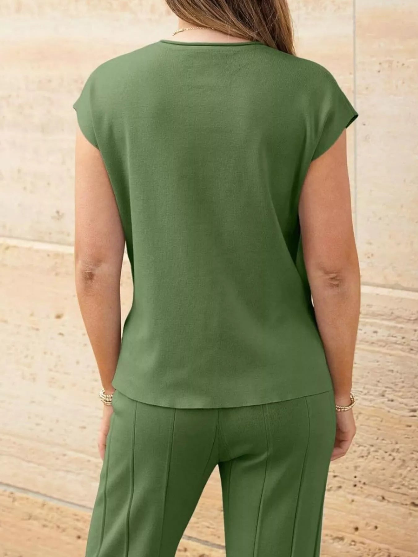 Casual Solid Color Cap Sleeve Top and Pants Knit Set