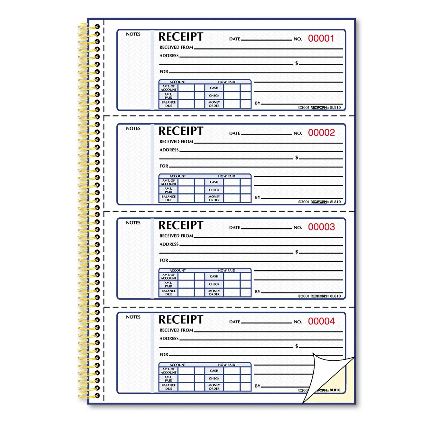 Rediform Money Receipt Book, Two-Part Carbonless, 7 x 2.75, 4/Page, 300 Forms