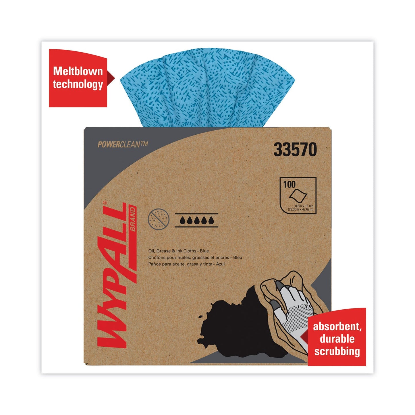 WypAll Power Clean Oil, Grease and Ink Cloths, POP-UP Box, 8.8 x 16.8, Blue, 100/Box, 5/Carton