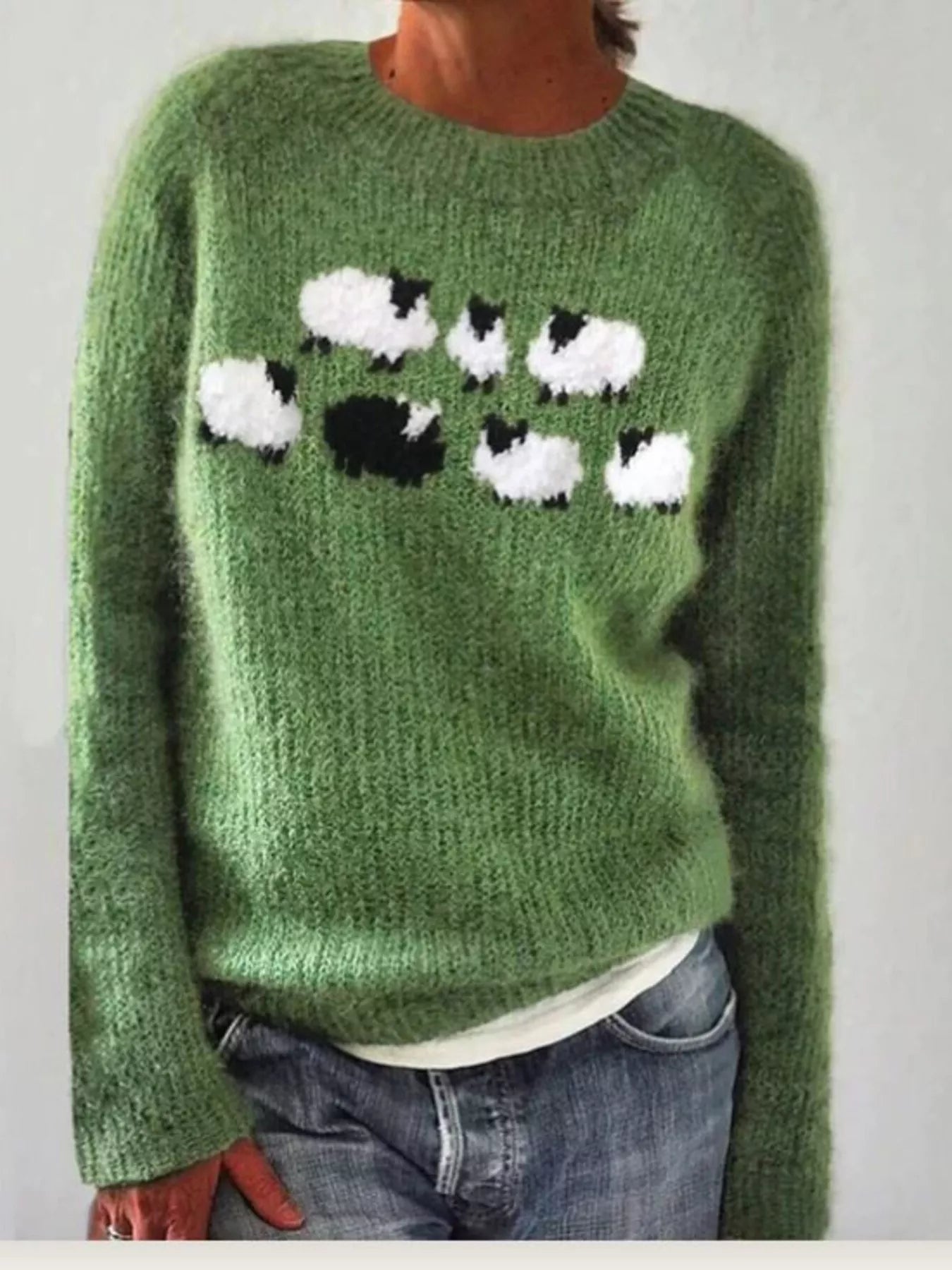 Full Size Vintage Patterned Round Neck Sweater Plus Size
