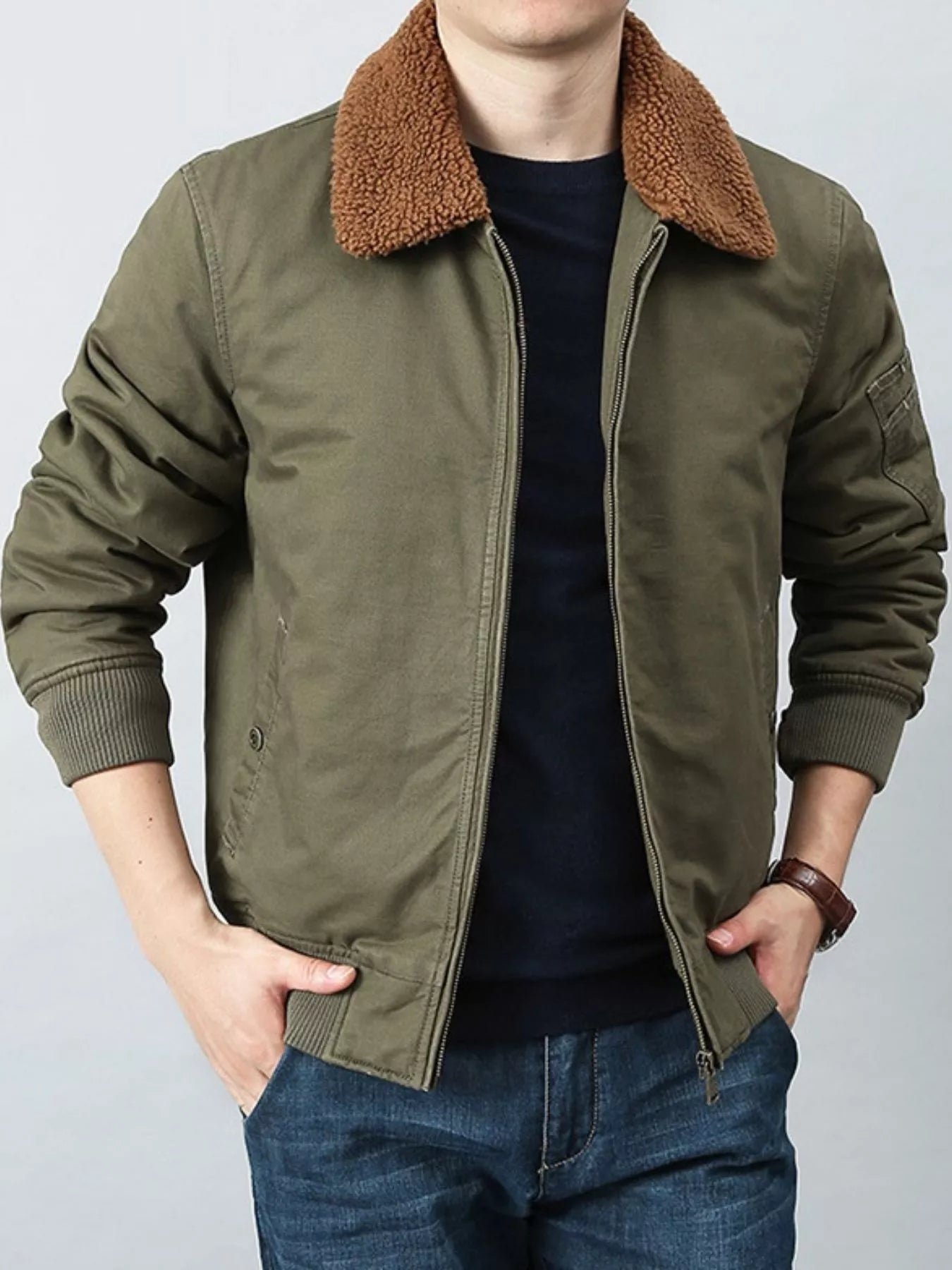 Men's Plus Size Casual Fleece Collar Zip Up Jacket