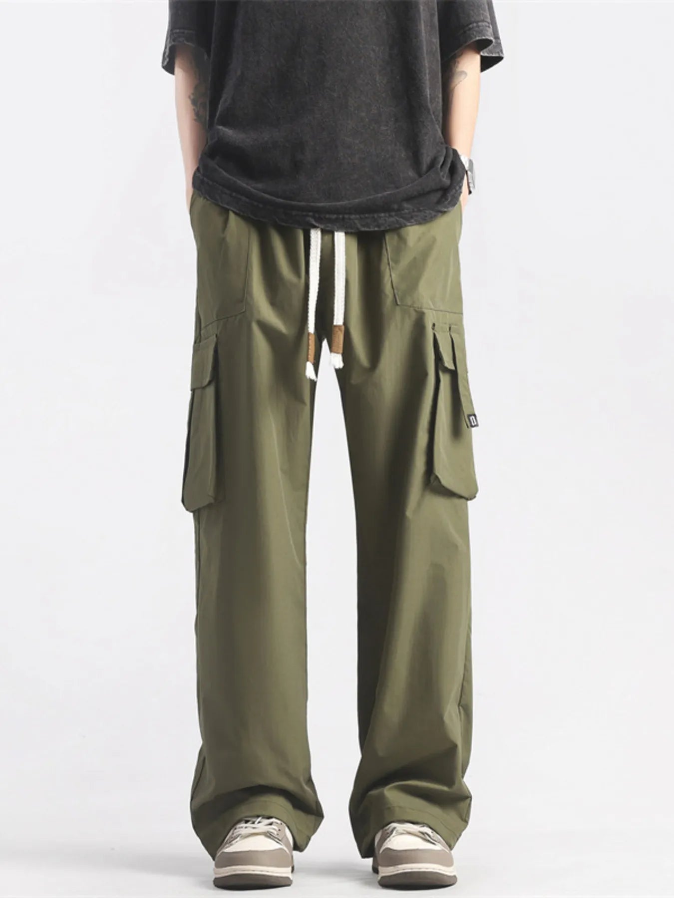 Men's Plus Size Loose Fit Cargo Pants with Drawstring