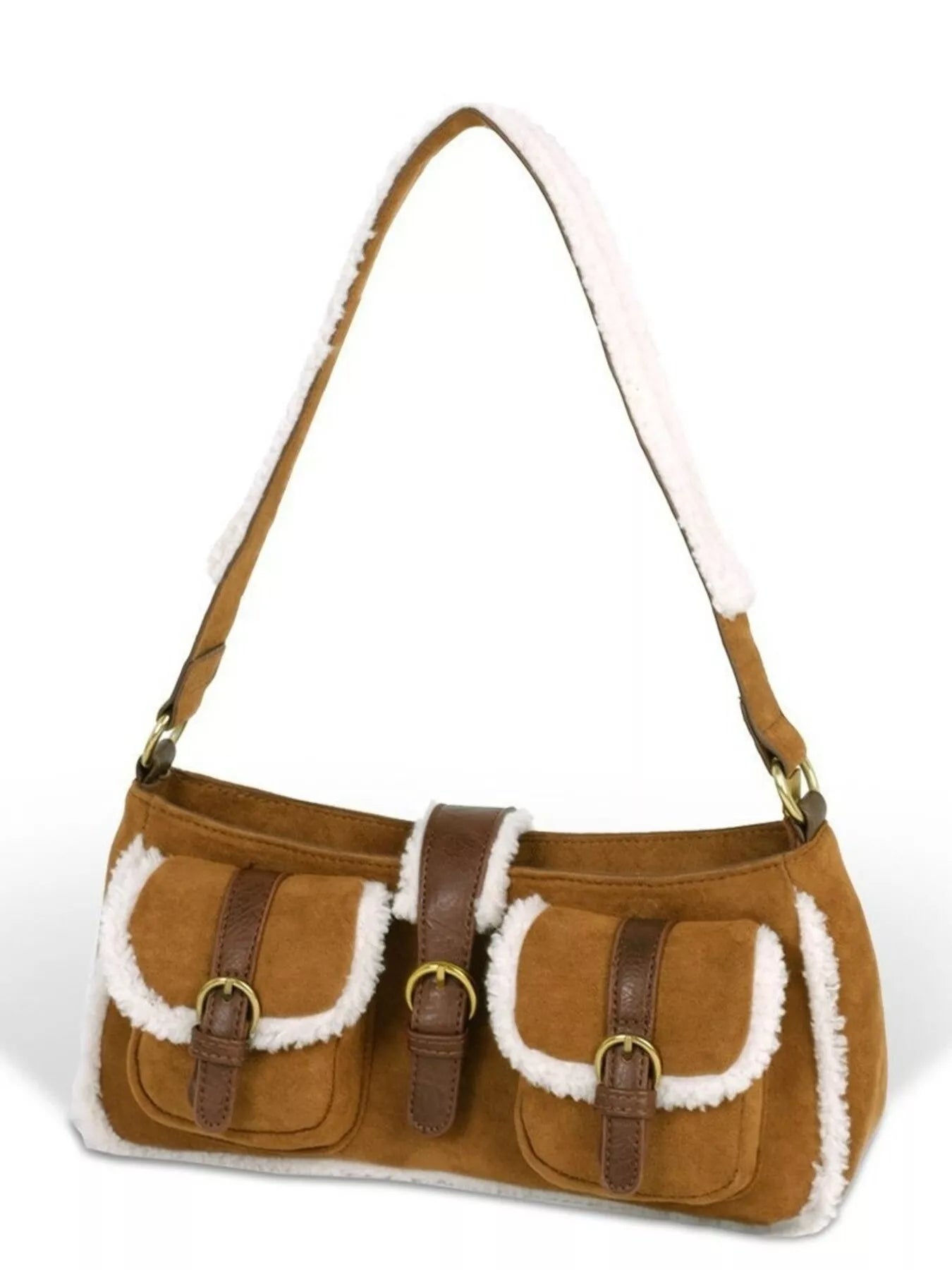 Vintage Suede Shoulder Bag with Plush Trim