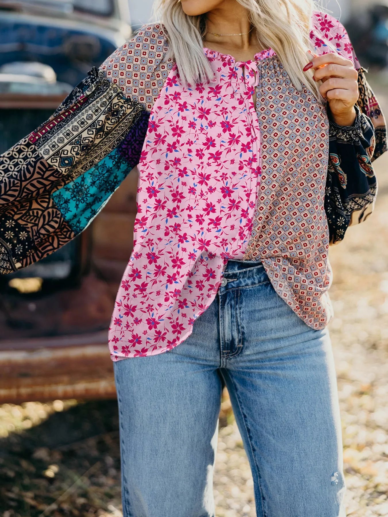 Boho Mixed Floral Drop Shoulder Bubble Sleeve Blouse
