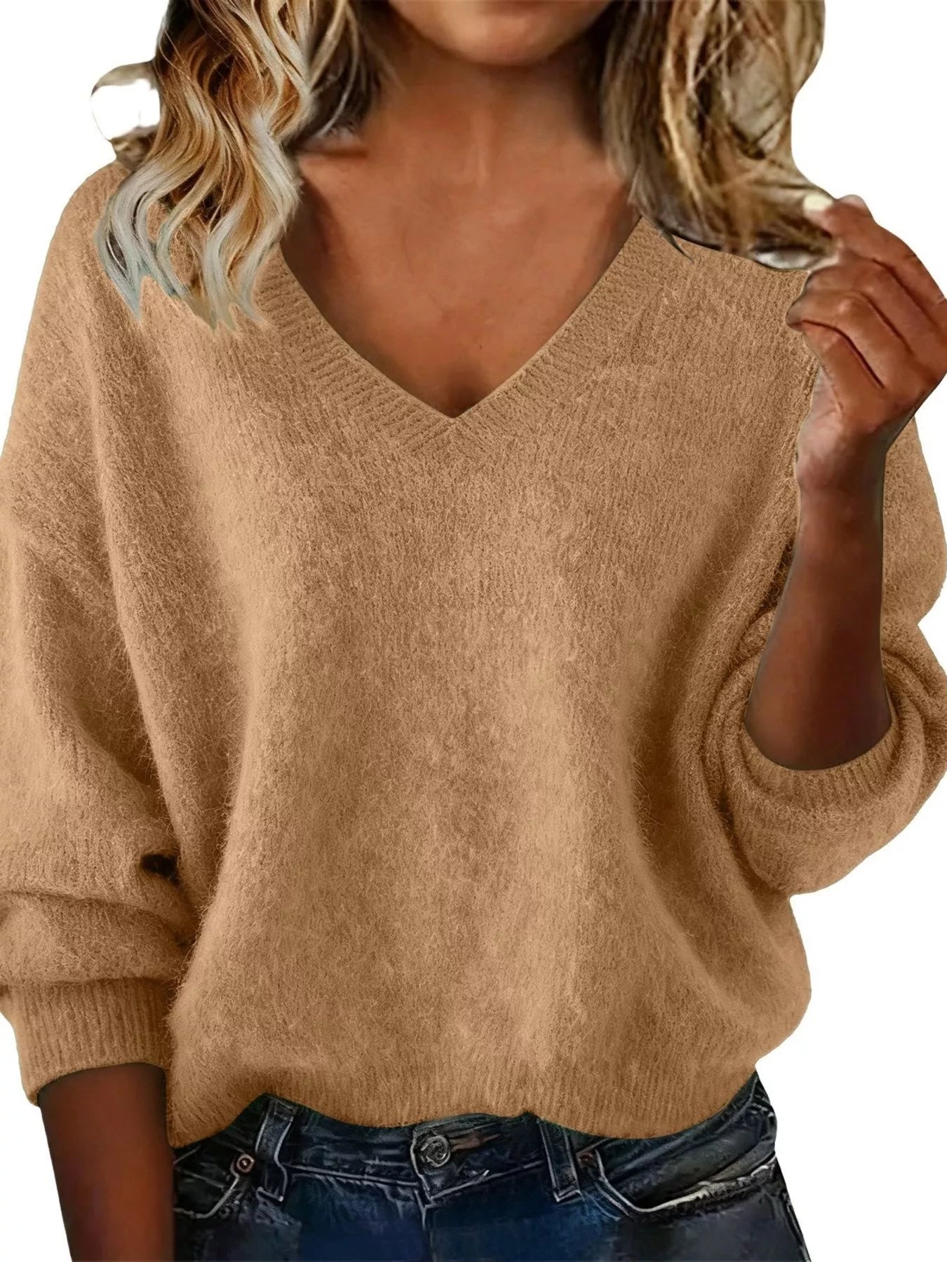 Full Size V-Neck Dropped Shoulder Sweater Plus Size