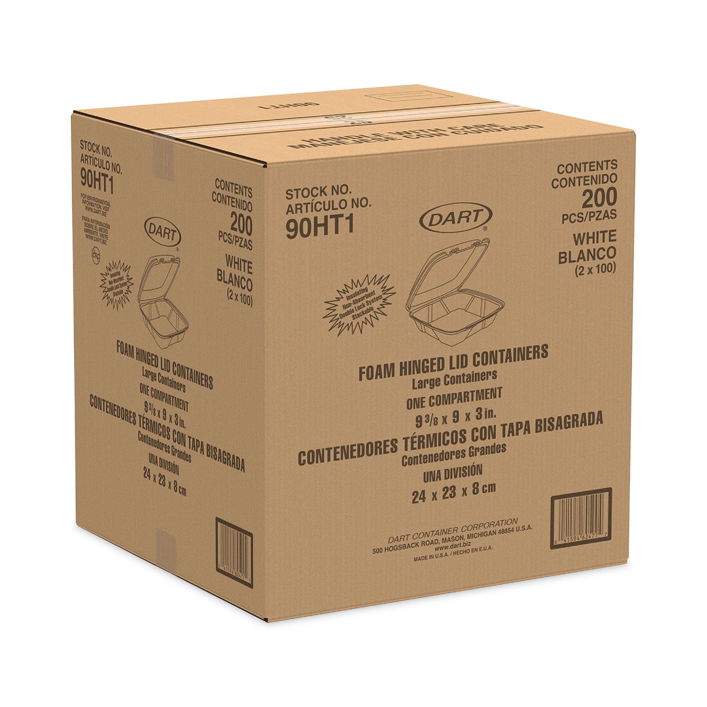 Dart Insulated Foam Hinged Lid Containers, 1-Compartment, 9 x 9.4 x 3, White, 200/Pack, 2 Packs/Carton