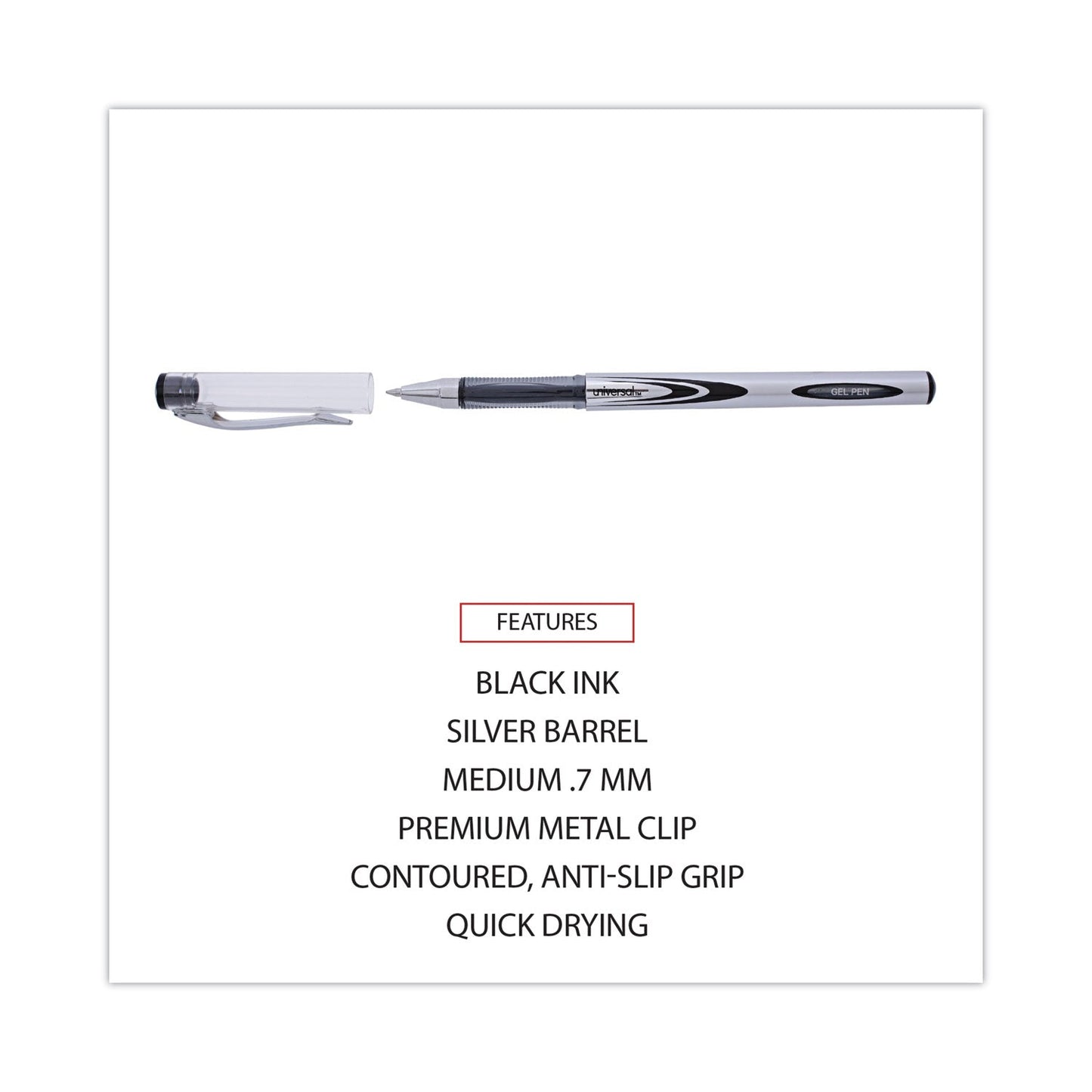 Universal Gel Pen, Stick, Medium 0.7 mm, Black Ink, Silver/Black Barrel, Dozen