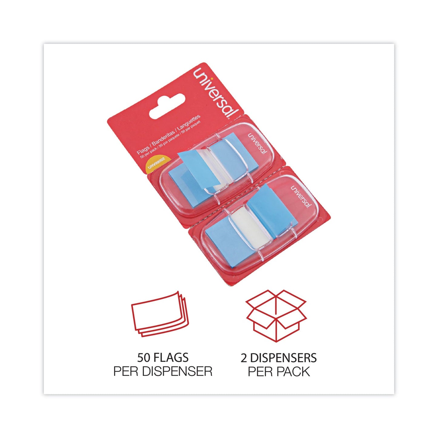 Universal Page Flags, Blue, 50 Flags/Dispenser, 2 Dispensers/Pack
