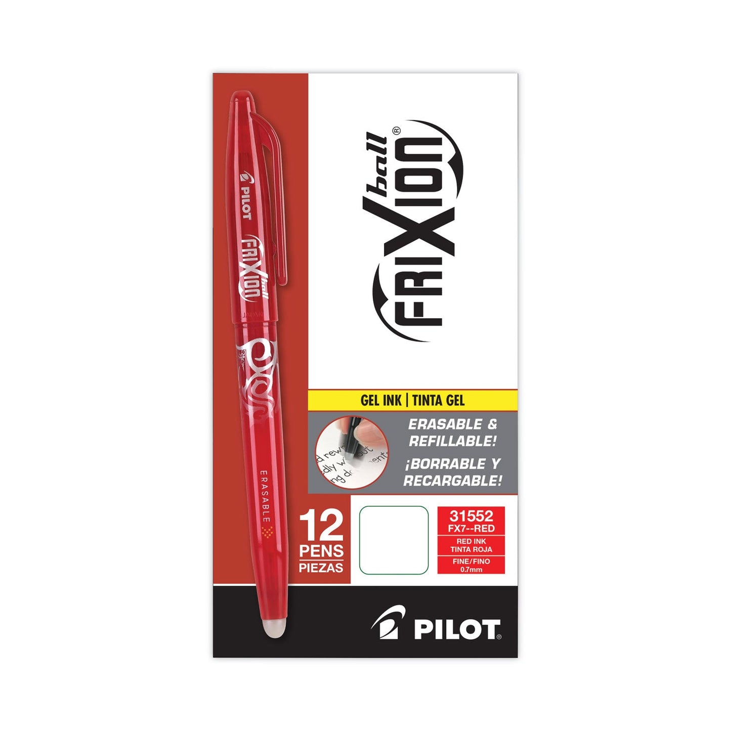Pilot FriXion Ball Erasable Gel Pen, Stick, Fine 0.7 mm, Red Ink, Red Barrel