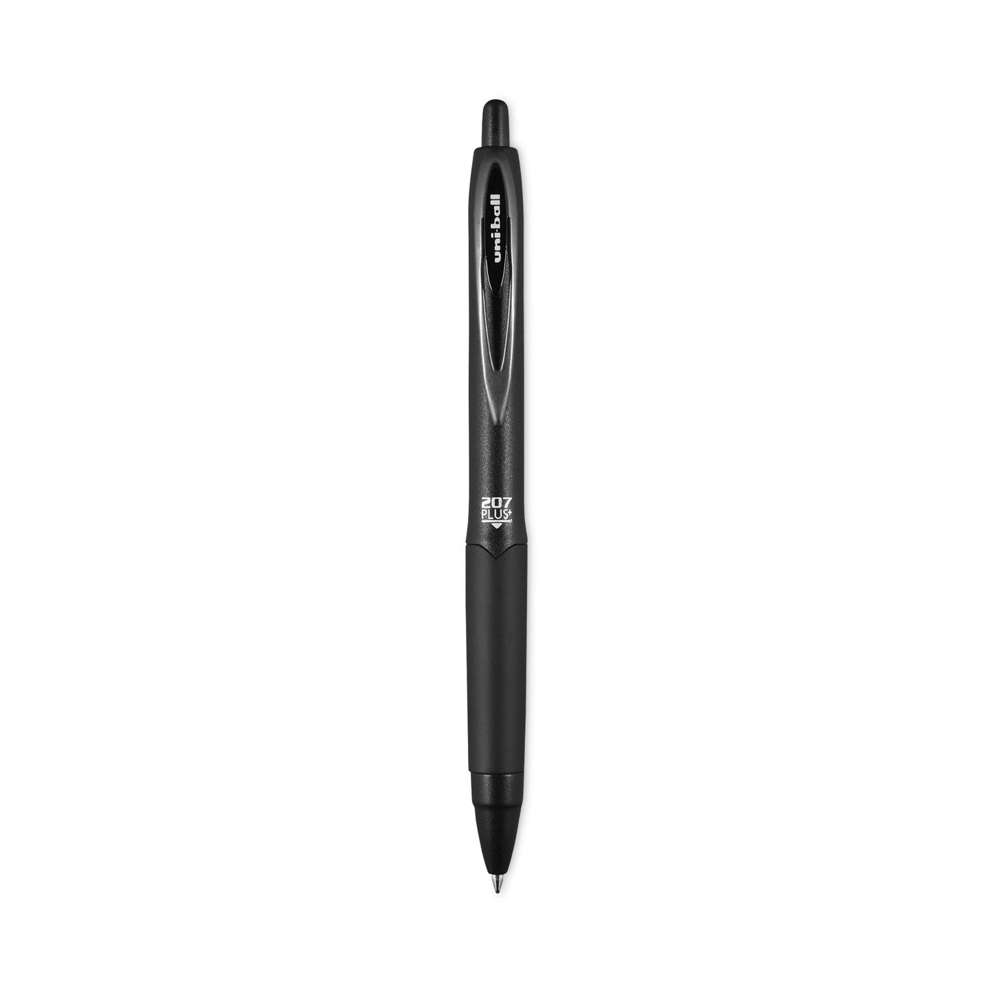 uniball 207 Plus+ Gel Pen, Retractable, Medium 0.7 mm, Black Ink, Black Barrel, Dozen