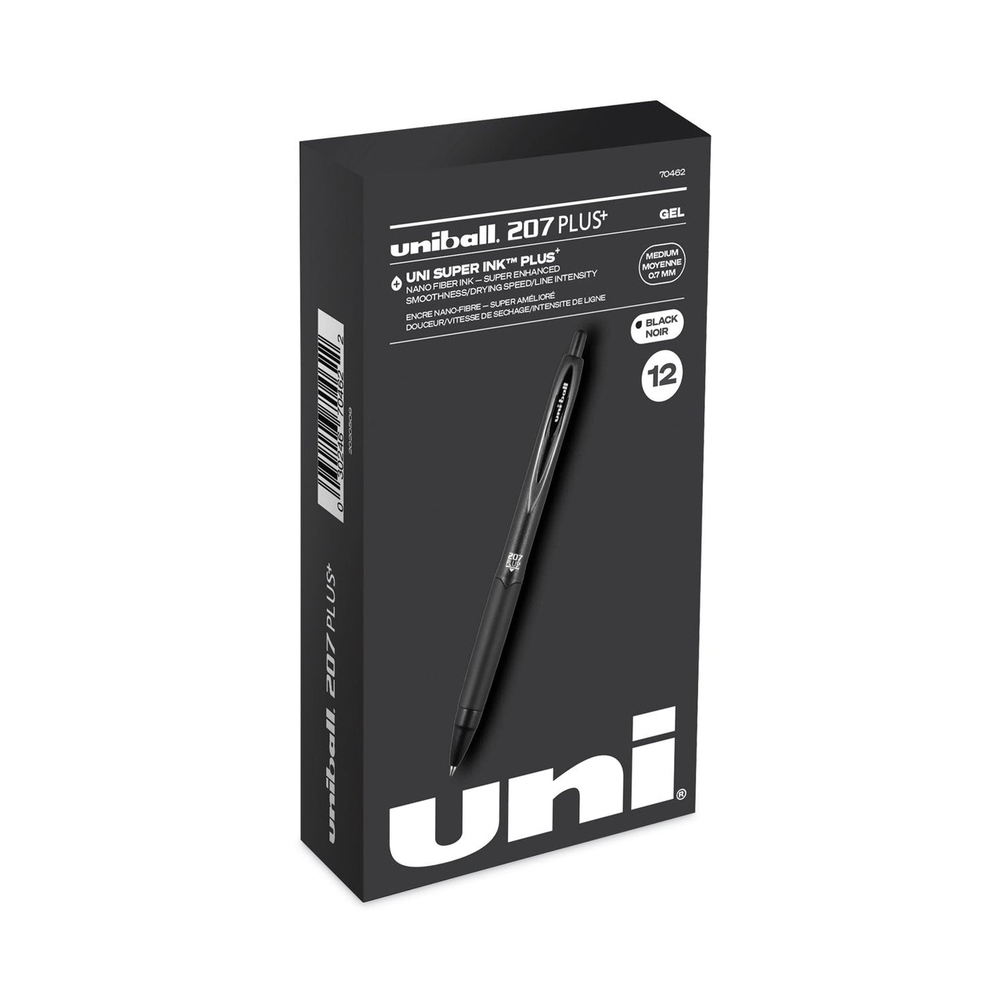 uniball 207 Plus+ Gel Pen, Retractable, Medium 0.7 mm, Black Ink, Black Barrel, Dozen