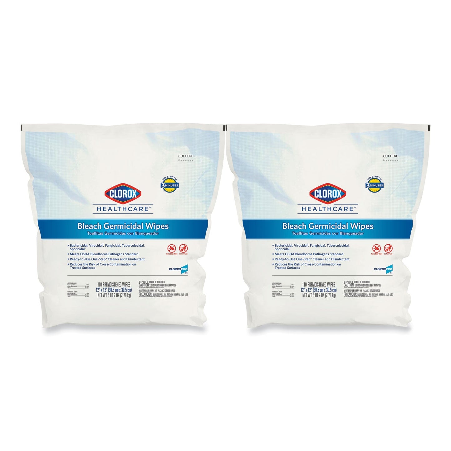Clorox Bleach Germicidal Wipes, 12 x 12, Unscented, 110/Refill, 2/Carton