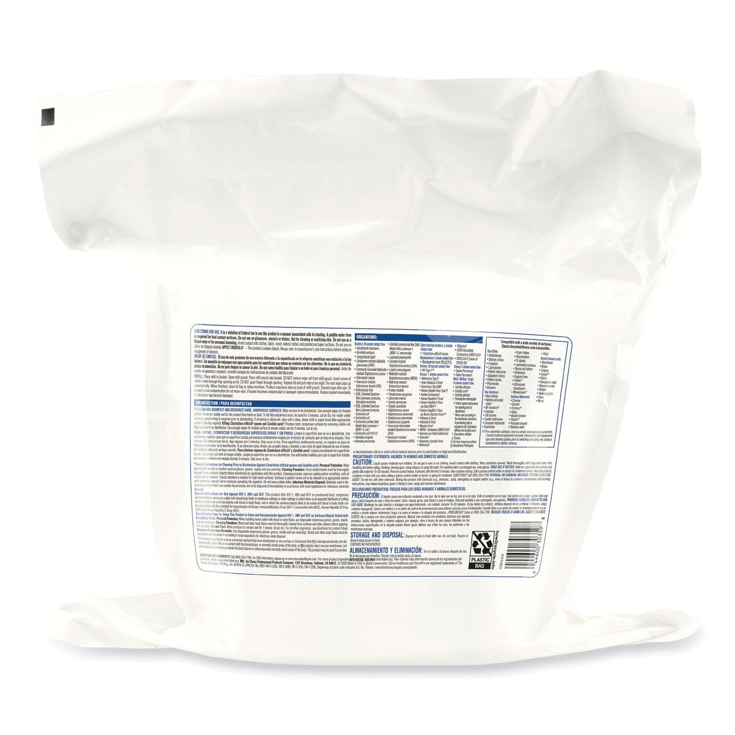 Clorox Bleach Germicidal Wipes, 12 x 12, Unscented, 110/Refill, 2/Carton