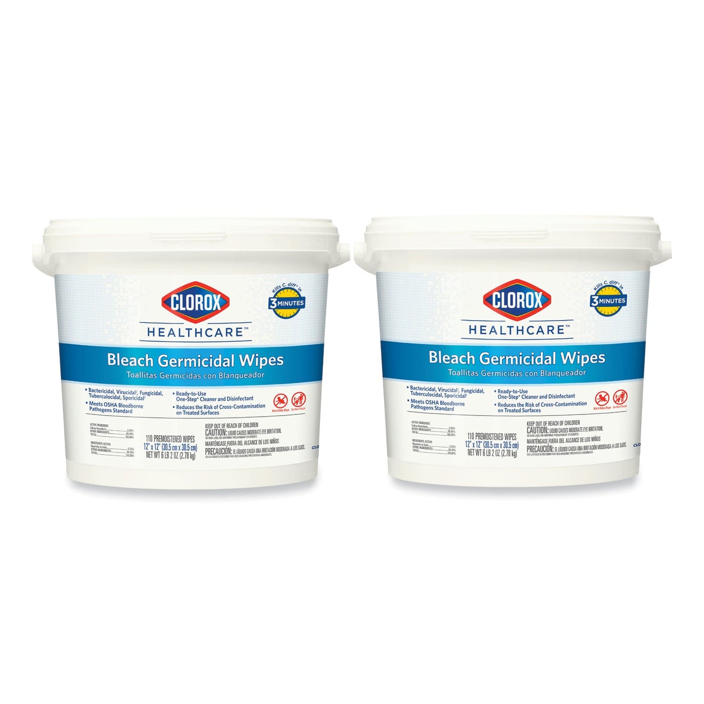 Clorox Bleach Germicidal Wipes, 12 x 12, Unscented, 110/Canister, 2/Carton