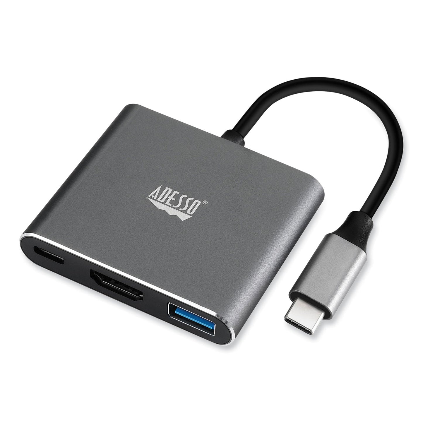 Adesso 3-in-1 USB-C Multi-Port TAA Compliant Docking Station, HDMI, USB-C, USB 3 A+PD, Black/Gray