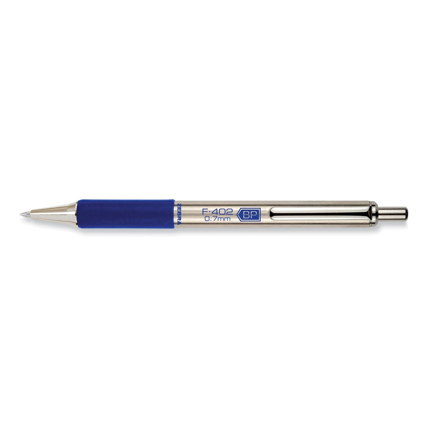 Zebra F-402 Ballpoint Pen, Retractable, Fine 0.7 mm, Blue Ink, Stainless Steel/Blue Barrel
