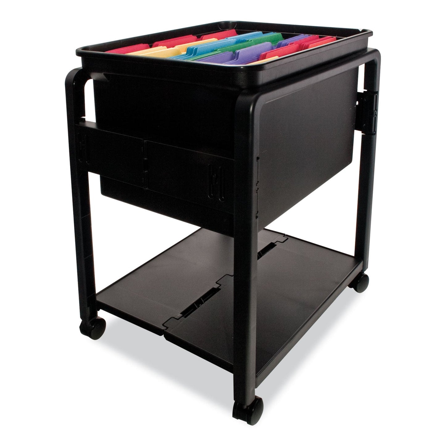 Advantus Folding Mobile File Cart, Plastic, 1 Shelf, 1 Bin, 14.5" x 18.5" x 21.75", Black
