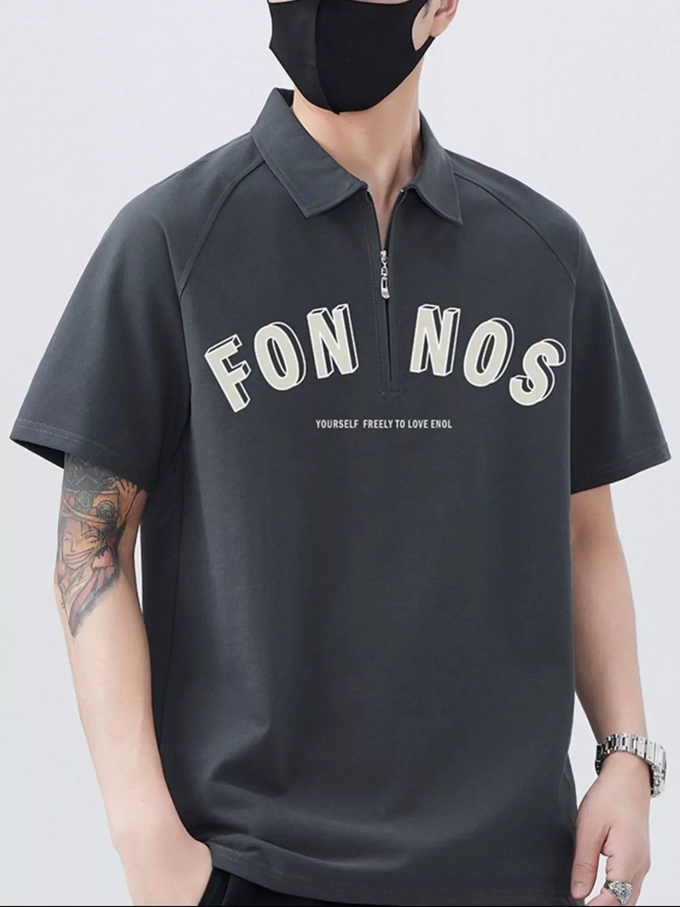 Men's Plus Size Zipper Polo Shirt with Letter Print