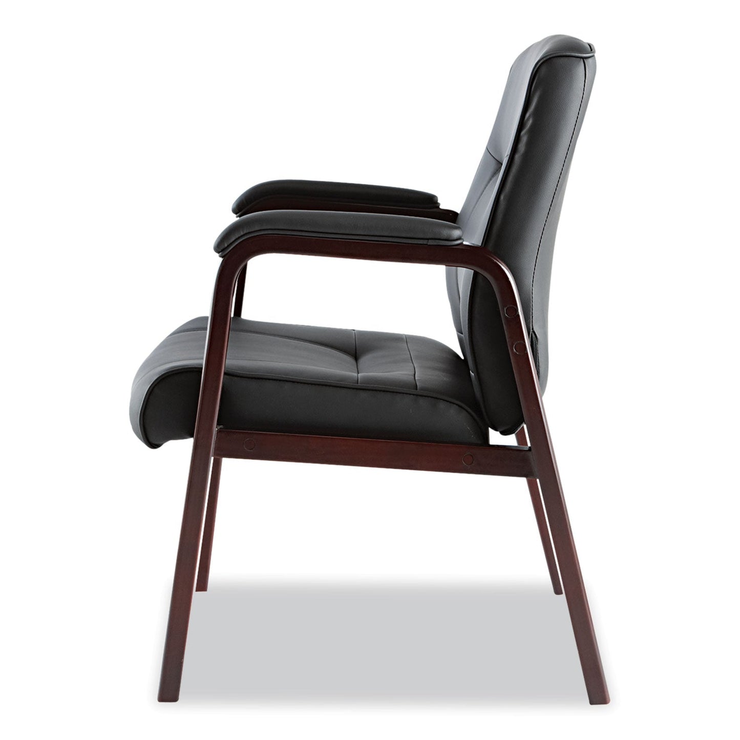 Alera Madaris Series Bonded Leather Guest Chair, Wood Trim Legs, 25.39" x 25.98" x 35.62", Black Seat/Back, Mahogany Base