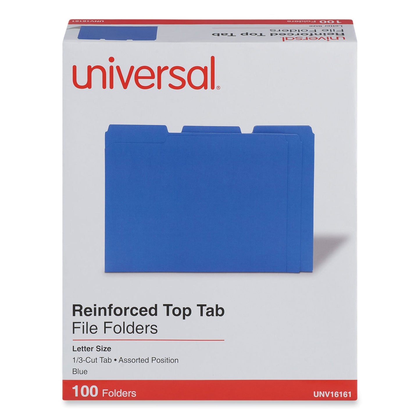 Universal Reinforced Top-Tab File Folders, 1/3-Cut Tabs: Assorted, Letter Size, 1" Expansion, Blue, 100/Box