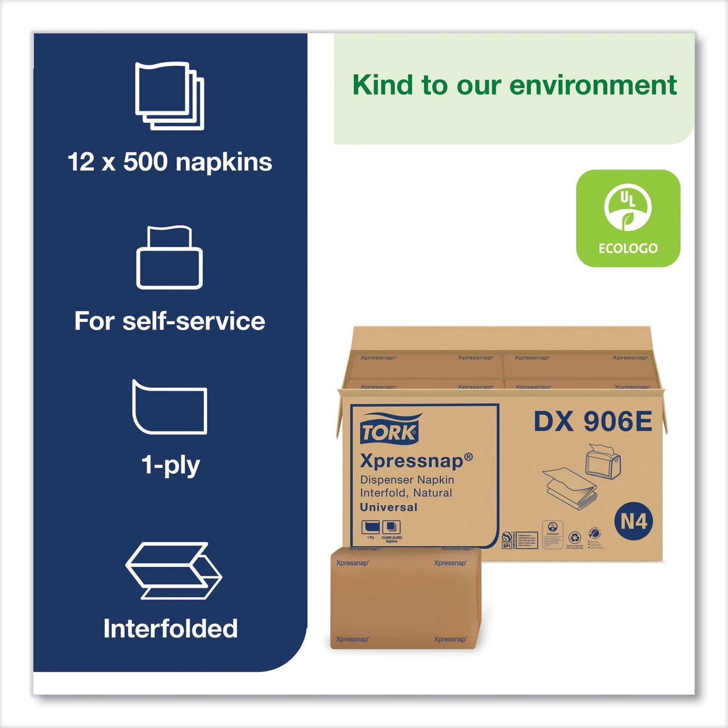 Tork Xpressnap Interfold Dispenser Napkins, 2-Ply, Bag-Pack, 13 x 8.5, Natural, 500/Pack, 12 Packs/Carton