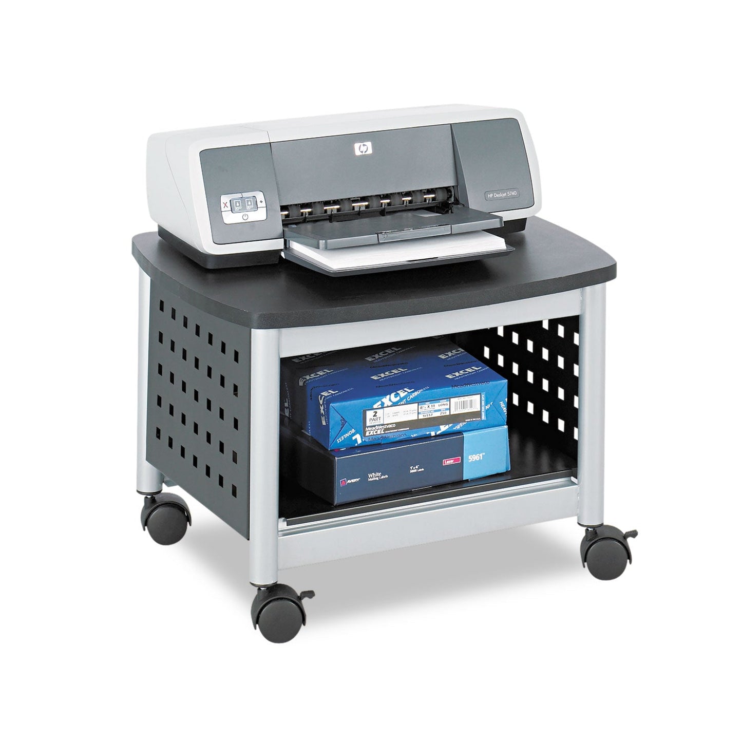 Safco Scoot Under-Desk Printer Stand, Metal, 2 Shelves, 100 lb Capacity, 20.25" x 16.5" x 14.5", Black/Silver