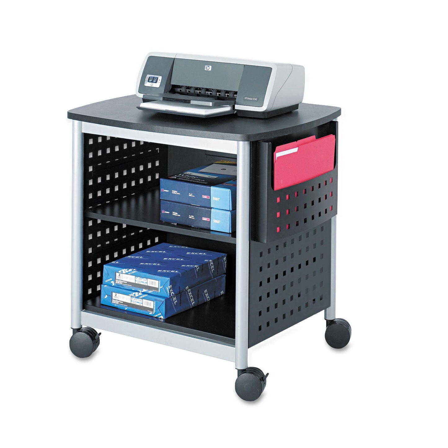 Safco Scoot Deskside Printer Stand, File Pocket, Metal, 3 Shelves, 1 Bin, 200 lb Capacity, 26.5 x 20.5 x 26.5, Black/Silver