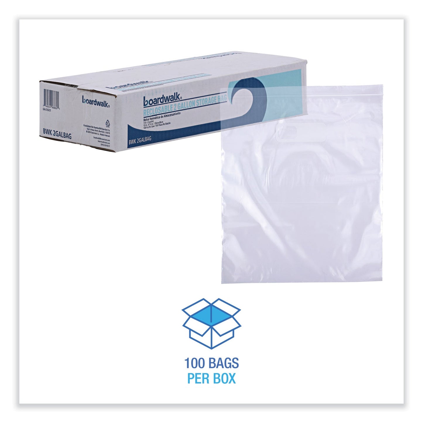 Boardwalk Reclosable Food Storage Bags, 2 gal, 1.75 mil, 13" x 15", Clear, 100/Box