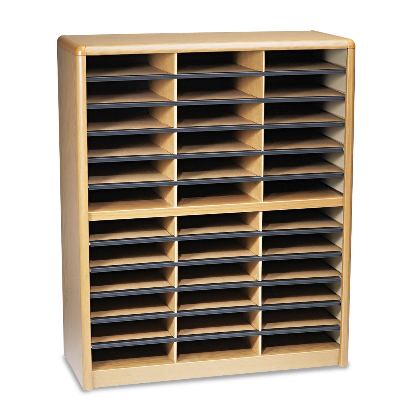 Safco Steel/Fiberboard Literature Sorter, 36 Compartments, 32.25 x 13.5 x 38, Oak