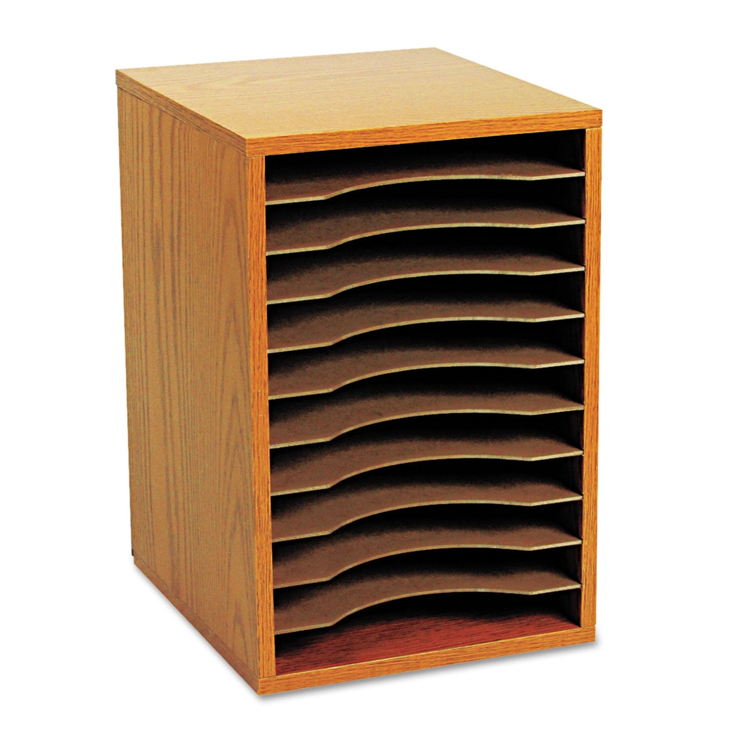 Safco Wood Vertical Desktop Sorter, 11 Compartments, 10.63 x 11.88 x 16, Medium Oak