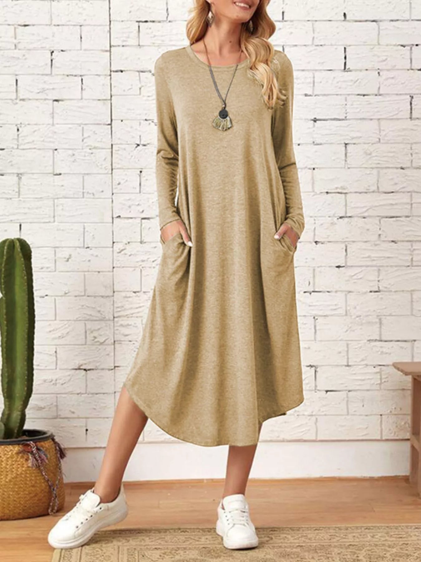 Casual Long Sleeve Pocket Midi Dress