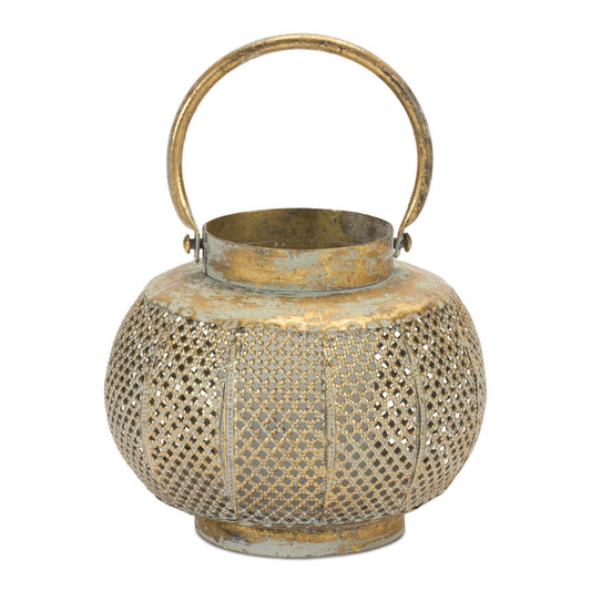 Distressed Punched Metal Lantern 7.5"D
