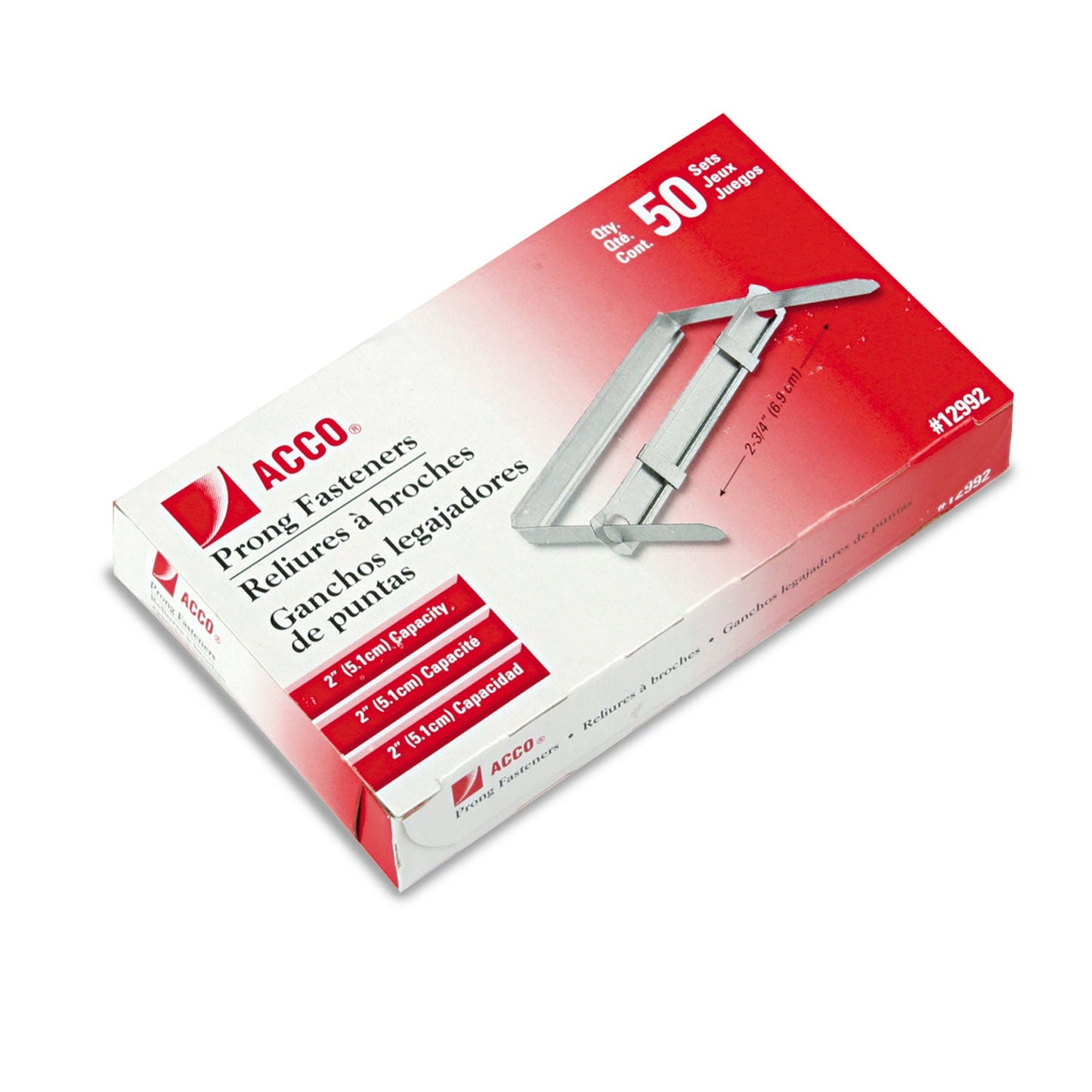 ACCO Standard Two-Piece Two-Prong Paper Fastener Base and Compressor Sets, 2" Capacity, 2.75" Center to Center, Silver, 50/Box